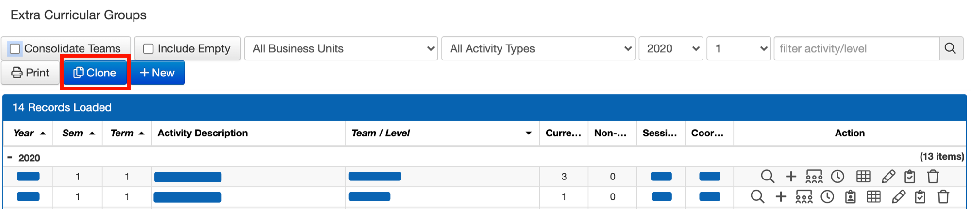 The clone button highlighted on the Extra Curricular Group List.